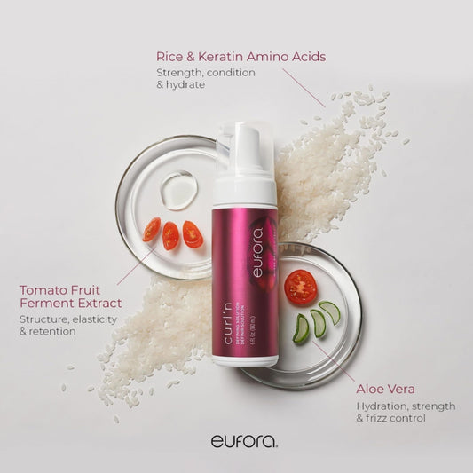 Eufora hair product with ingredients displayed on a light gray background