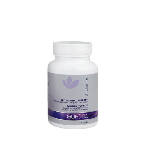 White supplement bottle with purple label on a white background. Eufora Thickening Nutritional Support – Hair Growth Supplement – 60 Capsules