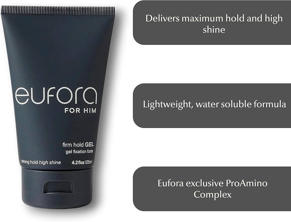 Eufora hair gel tube with product features on a gray background