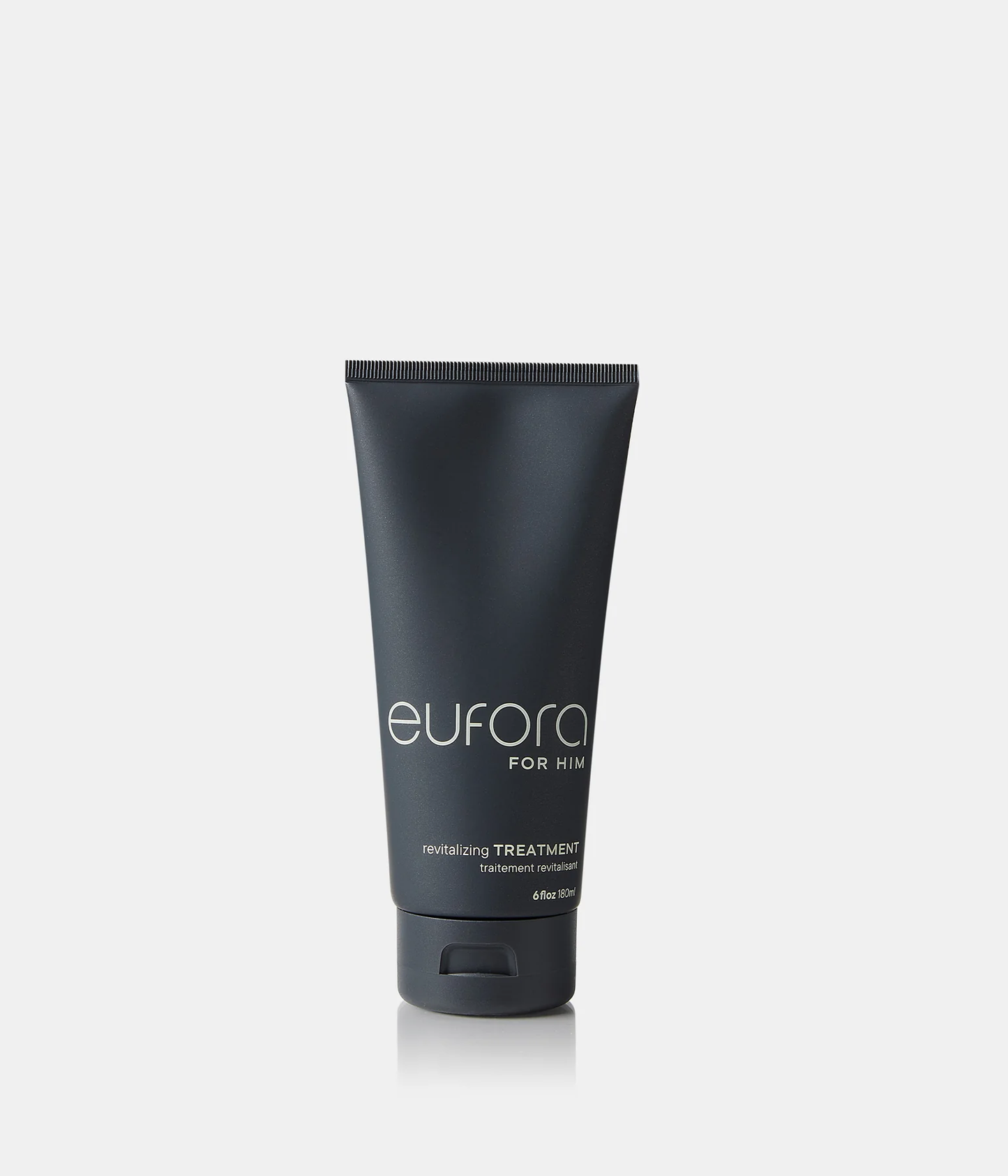 Black tube of Eufora for Him revitalizing treatment on a white background