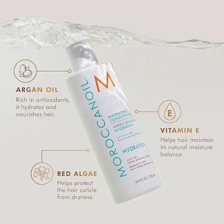 Moroccanoil hydrating conditioner bottle with ingredients listed on a light gray background