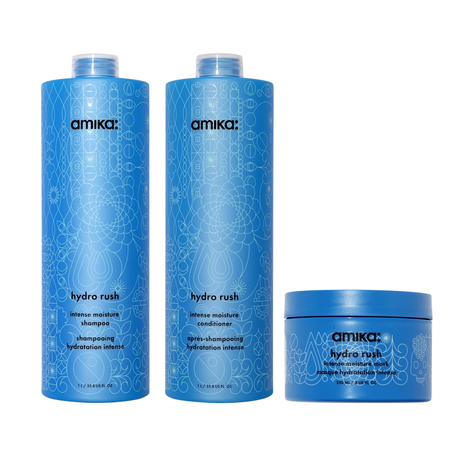 Amika Super-sized Hydration Set Hydro Rush Shampoo, Conditioner + Hair Mask