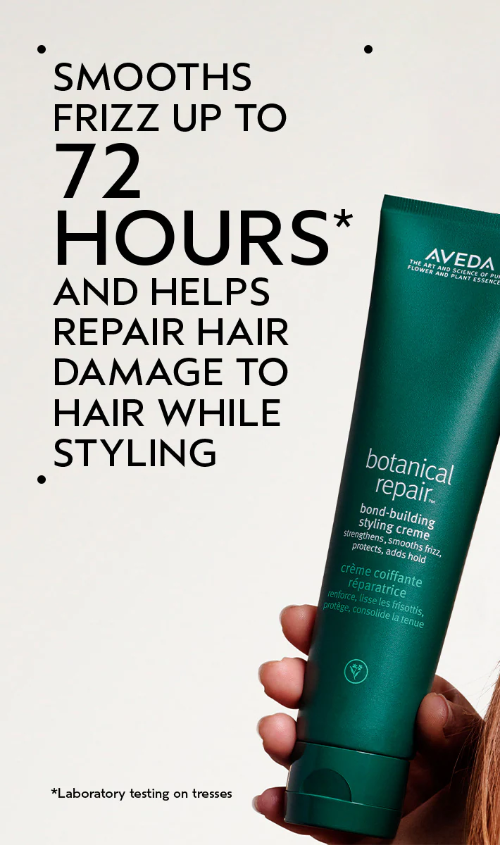 Aveda botanical repair product with text about hair care benefits on a white background.Aveda Botanical Repair Bond-Building Styling Creme tube, lightweight styling cream that strengthens hair bonds, smooths frizz, and protects from heat.