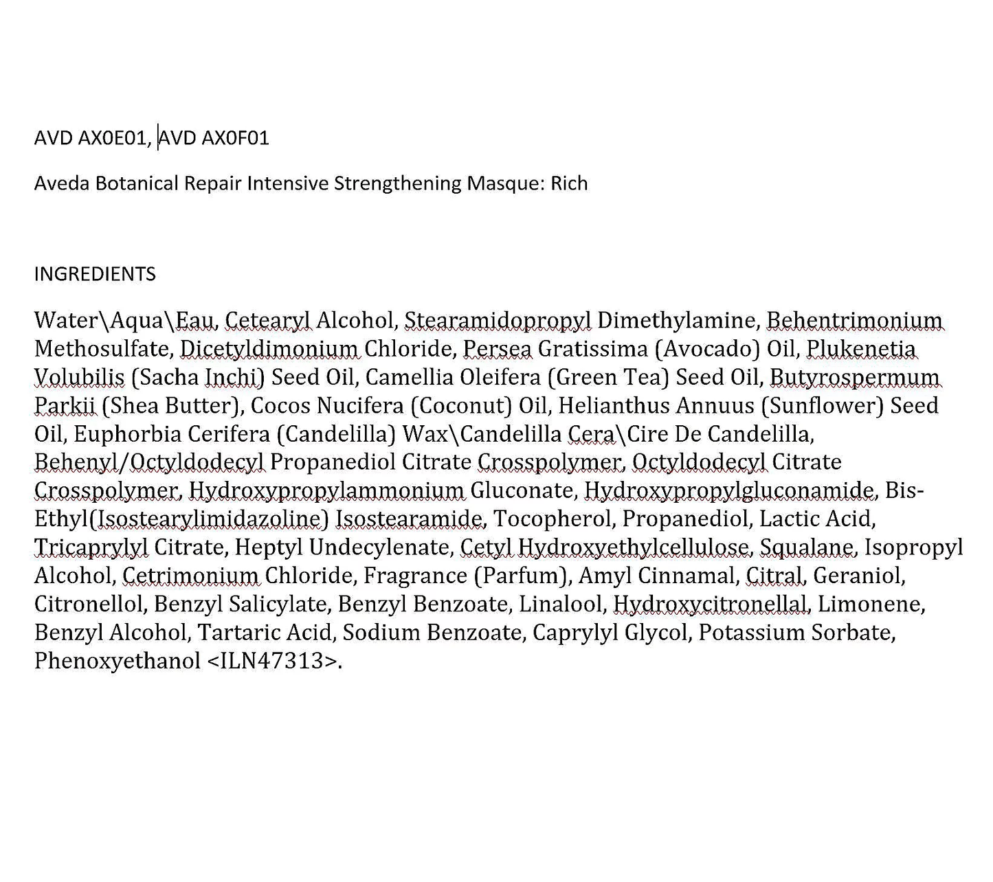 Ingredients list of Aveda Botanical Repair Intensive Strengthening Masque Rich on a white background