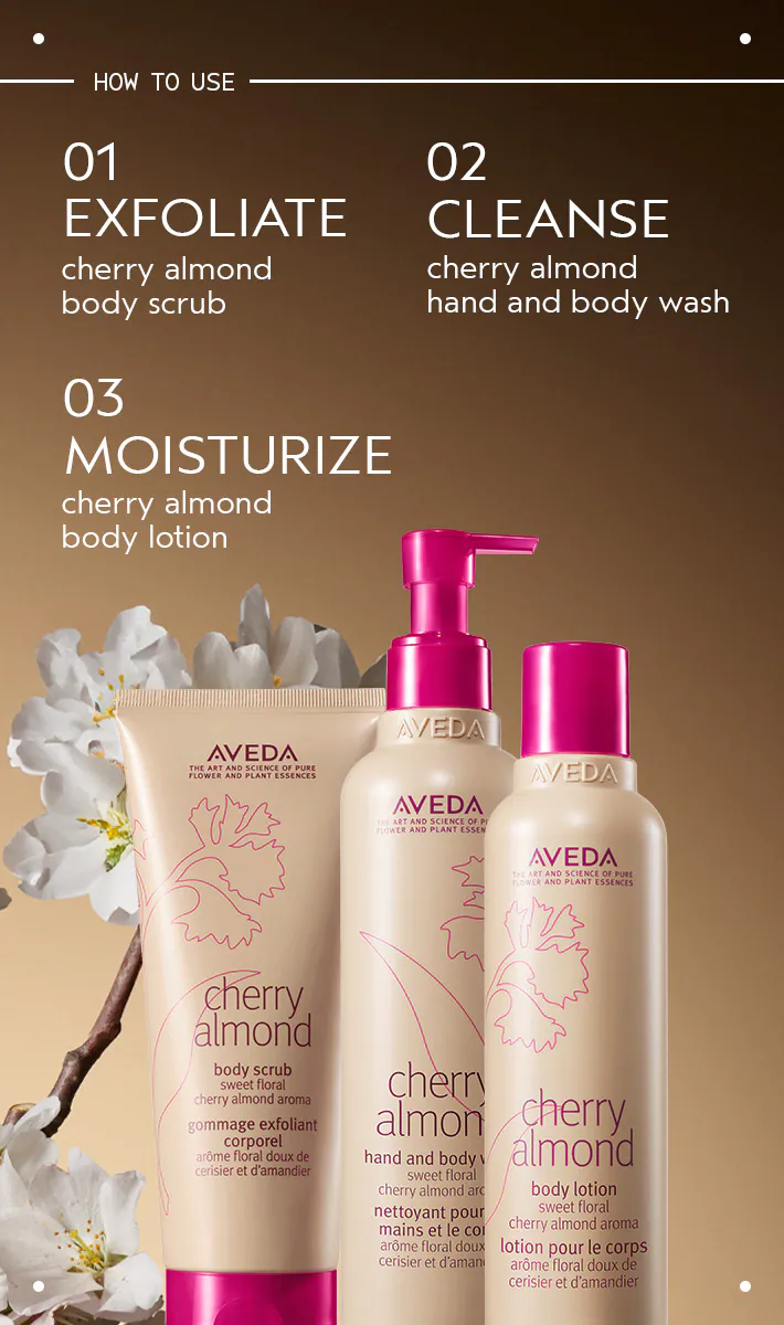 Aveda cherry almond skincare products with step-by-step usage guide on a brown background.