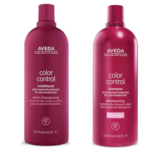 Two bottles of Aveda color control shampoo and conditioner, both with a dark red label and cap, against a white background. Aveda Color Control Shampoo & Conditioner Duo Liter Size, professional set that preserves color, nourishes hair, and keeps strands vibrant, smooth, and healthy.