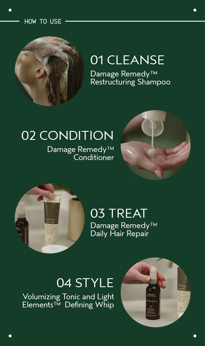 Step-by-step guide on how to use Damage Remedy hair care products with images and text. Aveda Damage Remedy Restructuring Shampoo 8.5oz bottle, gentle shampoo that repairs, strengthens, and nourishes damaged hair while restoring softness and shine.