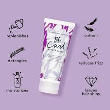Tube of hair care product with icons and text on a purple background. Bumble and Bumble Curl Butter Hair Mask 6.7oz jar, rich mask that deeply nourishes, defines curls, reduces frizz, and enhances softness, shine, and curl elasticity.