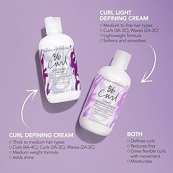 Two bottles of Bumble and Bumble Curl Light Defining Cream on a purple background with product details. Bumble and Bumble Curl Defining Cream 8.5oz jar, styling cream that defines, hydrates, and controls curls while reducing frizz and enhancing shine and bounce.
