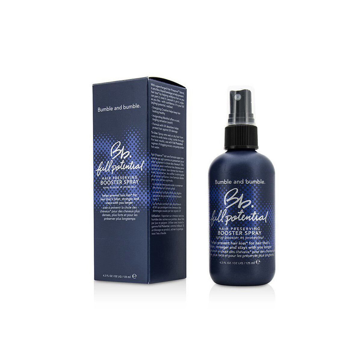 Bumble and bumble hair spray bottle and packaging on a white background. Bumble and Bumble Full Potential Booster Spray 4.2oz bottle, lightweight spray that strengthens, nourishes, and boosts hair’s fullness, shine, and overall health.
