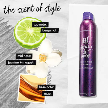 Purple hairspray bottle with lime, flowers, and notes of bergamot, jasmine, and musk on a gray background. Bumble and Bumble Spray de Mode Flexible Hold Hairspray 10oz can, lightweight styling spray that provides flexible hold, natural movement, and shine.