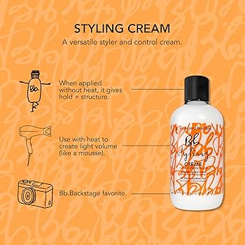 Bumble and Bumble styling cream bottle with product description on an orange background. Bumble and Bumble Styling Creme 8.5oz jar, versatile styling cream that provides light hold, smooths frizz, adds shine, and enhances manageability for all hair types