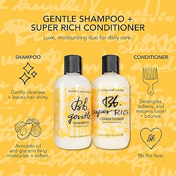 Bumble and bumble shampoo and conditioner bottles on a yellow background with text about their benefits. Bumble and Bumble Super Rich Conditioner 8.5oz bottle, deeply nourishing conditioner that hydrates, detangles, and softens hair while enhancing shine and manageability.