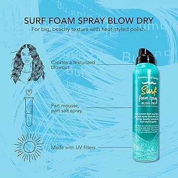 Surf Foam Spray Blow Dry product with text and illustrations on a blue background. Bumble and Bumble Surf Foam Spray Blow Dry Mousse 5oz can, lightweight mousse that adds volume, texture, and beachy waves while enhancing hair body and movement.