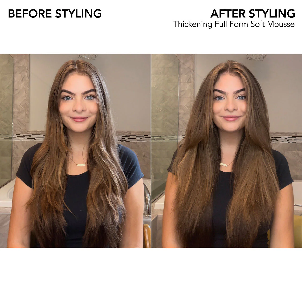 Before and after comparison of hair styling with a product labeled 'Thickening Full Form Soft Mousse'. Bumble and Bumble Thickening Full Form Soft Mousse 5oz can, lightweight mousse that adds volume, body, and fullness while keeping hair soft, flexible, and touchable.