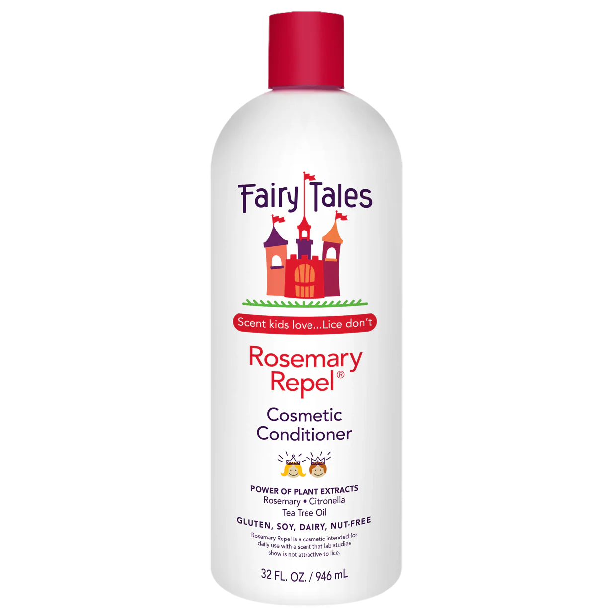 Fairy Tales Rosemary Repel Cosmetic Conditioner bottle on a white background. Fairy Tales Rosemary Repel Conditioner Liter bottle, nourishing conditioner that detangles, hydrates hair, strengthens strands, and helps repel lice naturally while enhancing shine.