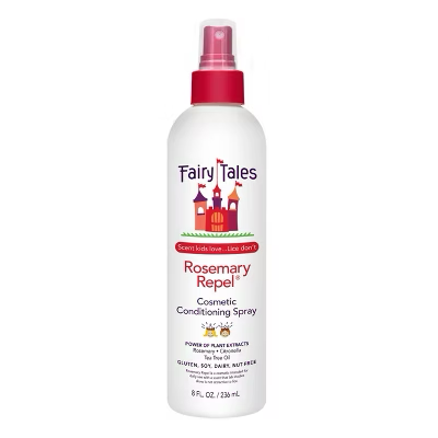 Fairy Tales Rosemary Repel cosmetic conditioning spray bottle on a white background. Fairy Tales Rosemary Repel Conditioning Spray 8oz bottle, lightweight leave-in spray that detangles, hydrates, strengthens hair, and naturally helps repel lice while adding shine.