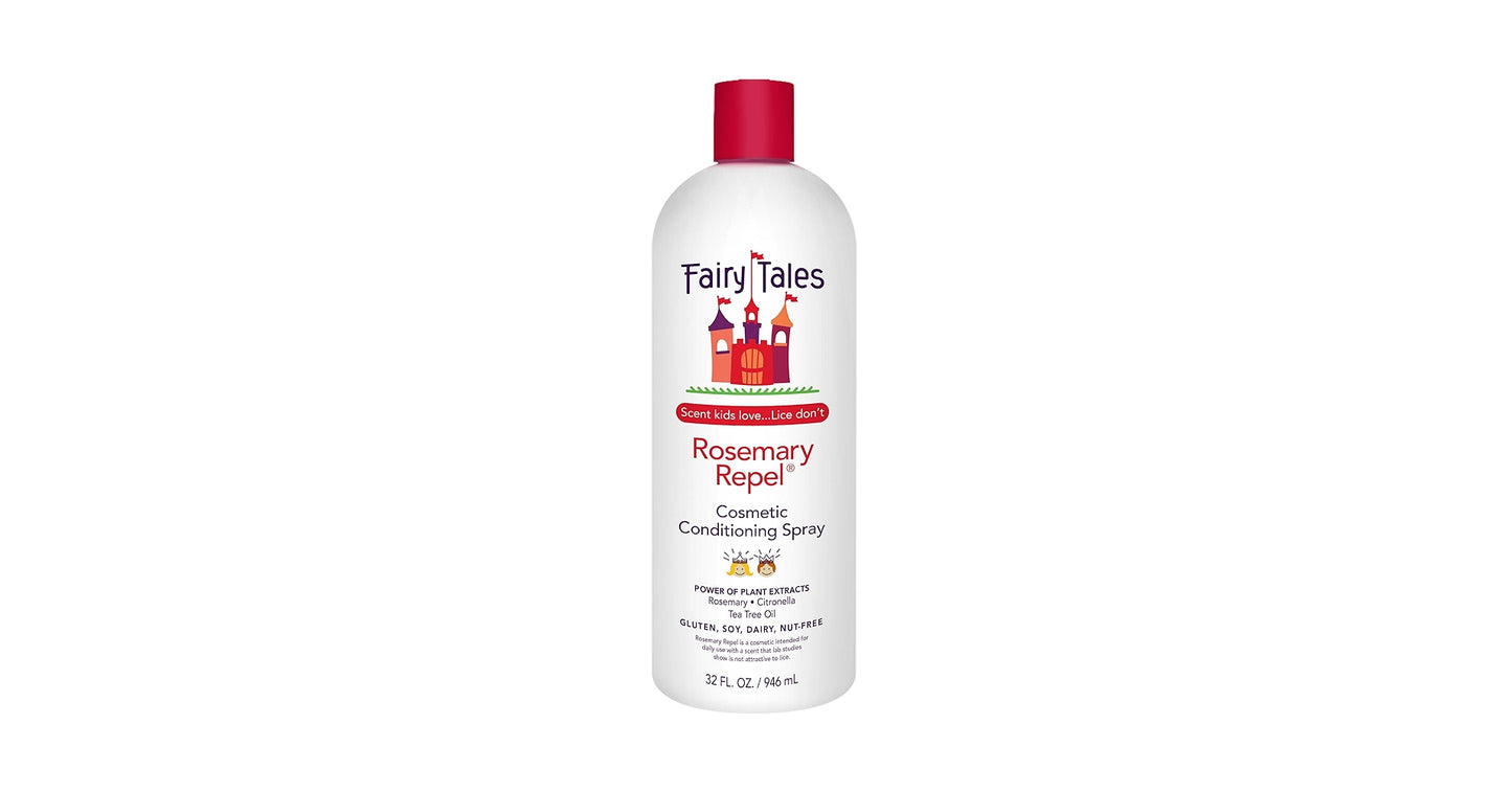 Fairy Tales Rosemary Repel Conditioning Spray Liter bottle, lightweight leave-in spray that detangles, hydrates, strengthens hair, and naturally helps repel lice while adding shine.