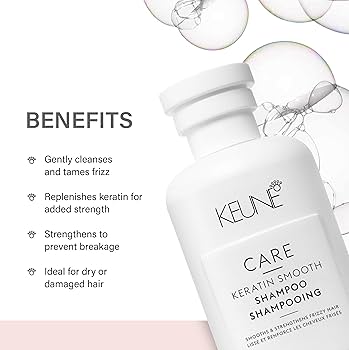 Keune Care Keratin Smooth shampoo bottle with benefits listed on a white background