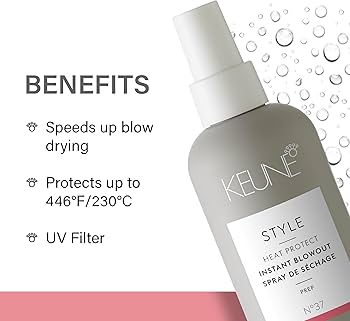 Keune hair care product with benefits listed on a white background. Keune Style Heat Protect Instant Blowout Spray 6.8oz bottle, lightweight spray that protects hair from heat while smoothing and adding shine during blowouts.