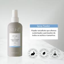 Spray bottle with label on a gray background. Keune Style Liquid Hairspray 6.8oz can, flexible styling spray that provides long-lasting hold, natural movement, and a smooth, polished finish.