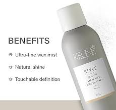 Keune styling product with benefits listed on a light background