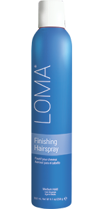 LOMA hair spray can on a white background. Loma Finishing Hairspray 9.1oz can, professional hairspray that provides long-lasting hold, controls flyaways, and leaves hair smooth, shiny, and flexible.