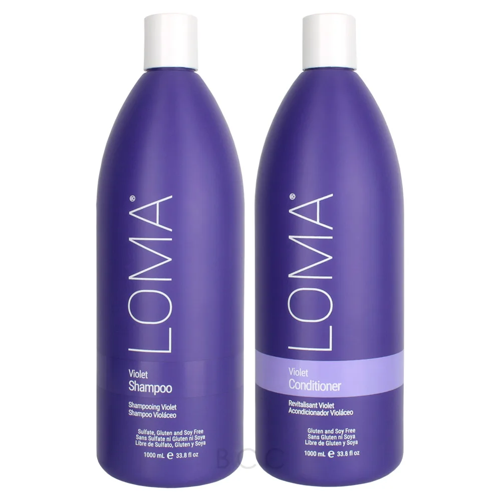 Loma Hair Care Violet Shampoo & Conditioner 33.8oz duo, color-correcting formula that neutralizes brassiness and maintains vibrant, cool-toned hair.