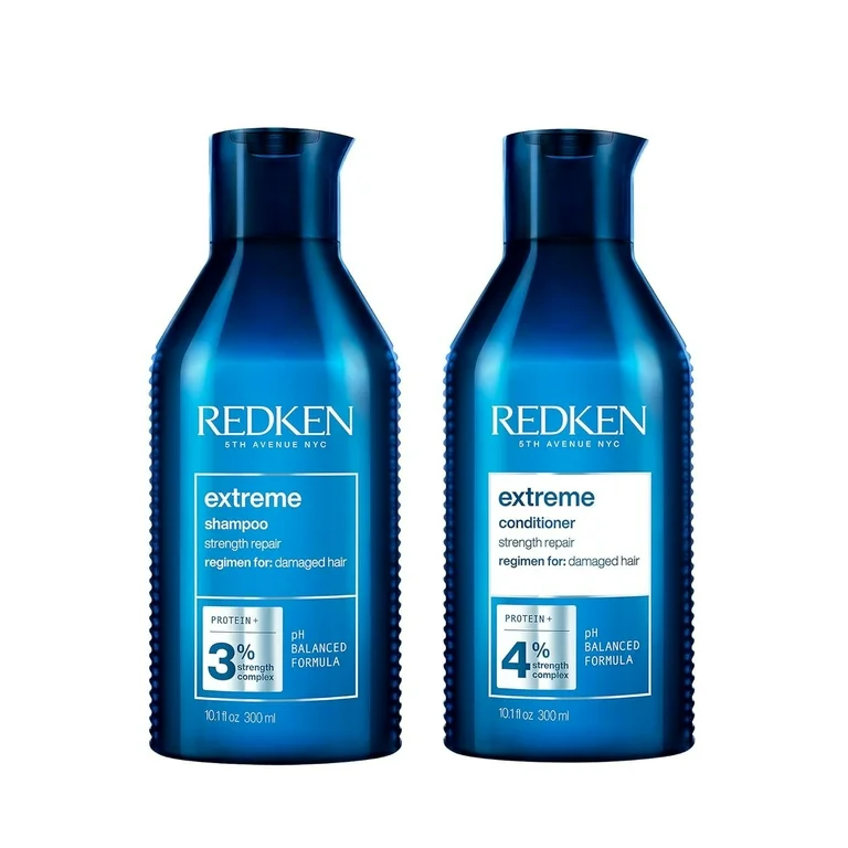 Redken extreme shampoo and conditioner bottles on a white background. Redken Color Extend Magnetics Conditioner 10oz bottle for color-treated hair. Redken Extreme Shampoo and Conditioner Set 10oz bottles for damaged hair.