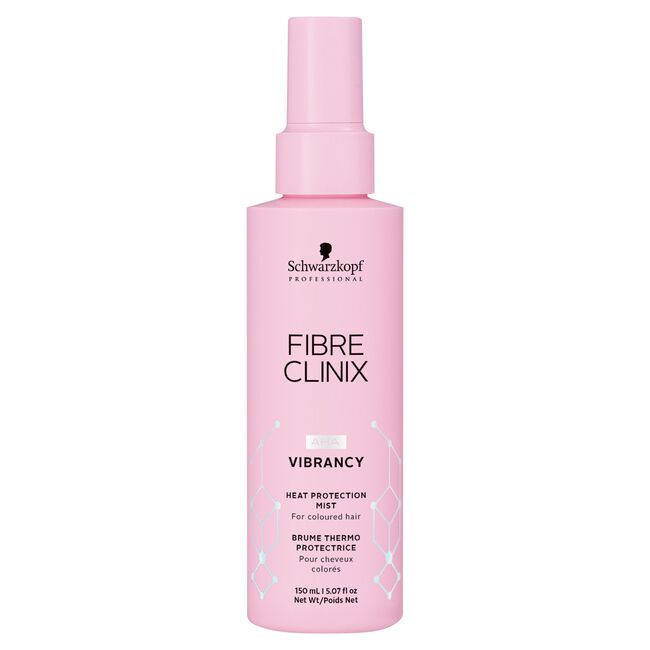 Schwarzkopf Fibre Clinix AHA Vibrancy Heat Protection Mist 5.07oz bottle with vibrant pink and silver design, ideal for protecting colored hair from heat styling.