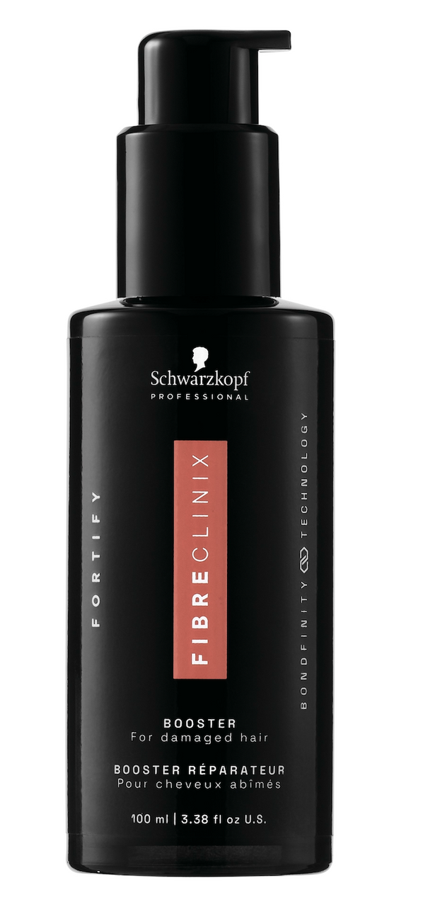 Black bottle of Schwarzkopf Fibreclinix hair product on a white background