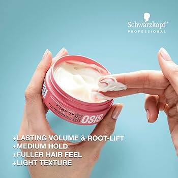 Schwarzkopf ‘Pump It’ Multi-use Volume Paste 2.8oz jar, opened and there inside cream is visible. styling paste designed to add texture, lift, and long-lasting volume to hair.