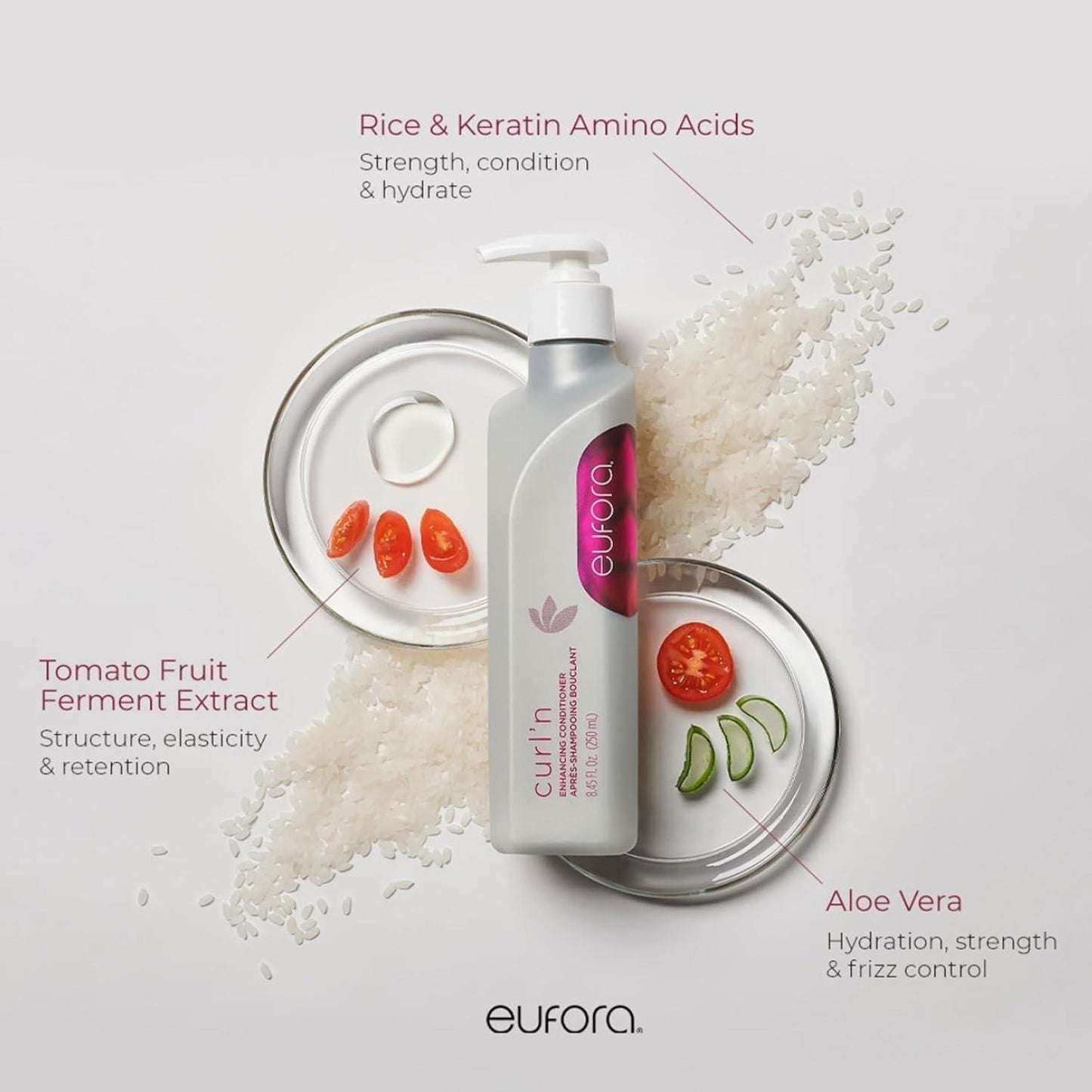 Eufora hair care product with ingredients displayed on a light gray background