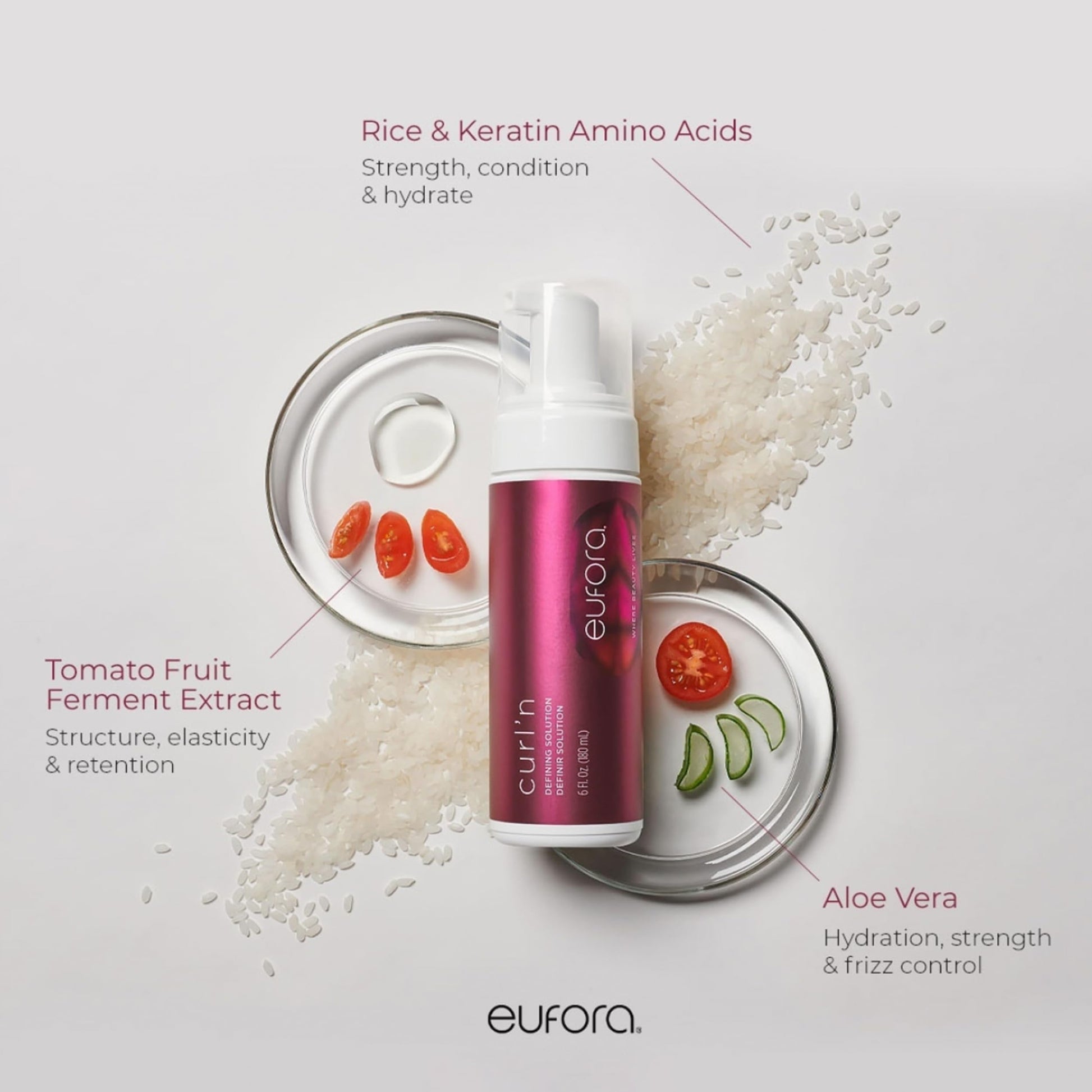 Eufora hair product with ingredients displayed on a light gray background