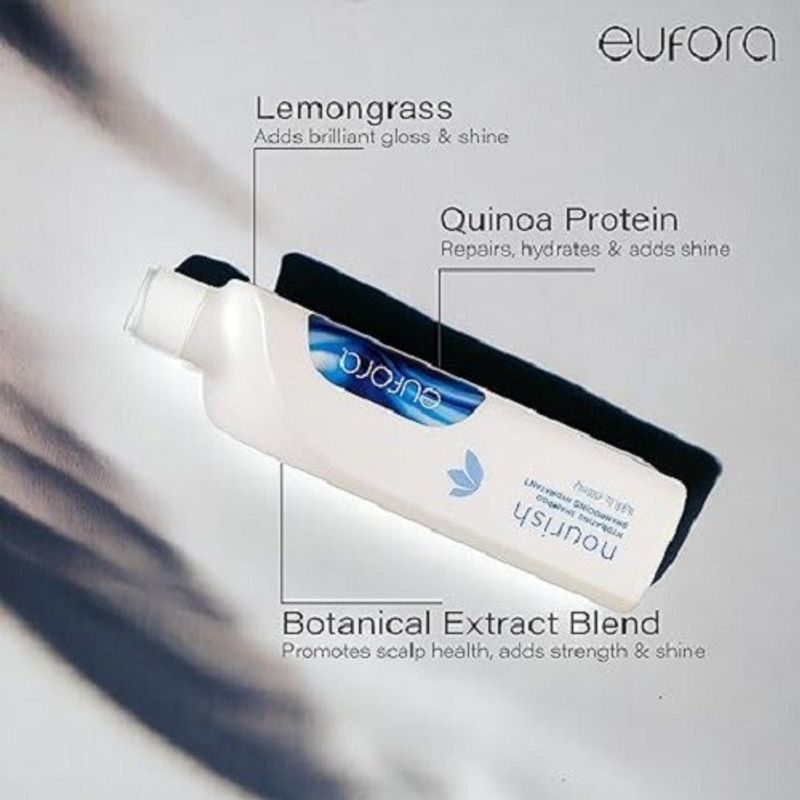 Eufora hair product with text highlighting ingredients on a blurred background