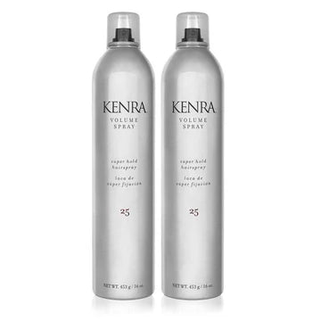 Two Kenra Volume Spray bottles on a white background. Kenra Volume Spray #25 16oz can, extra hold hairspray that delivers long-lasting volume, strong hold, and flexible control without stickiness or flaking.