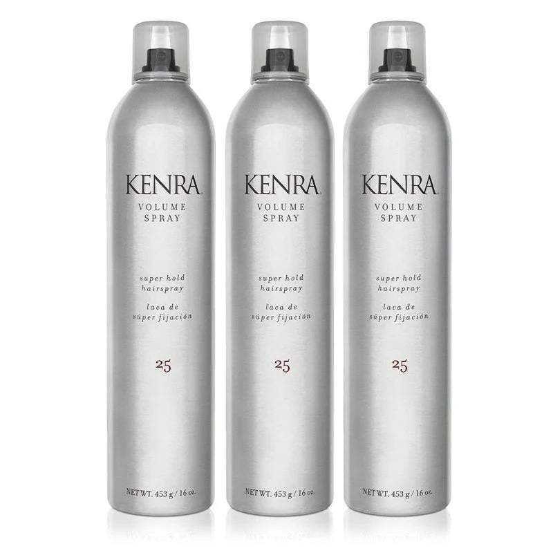 Three bottles of Kenra Volume Spray on a white background. Kenra Volume Spray #25 16oz can, extra hold hairspray that delivers long-lasting volume, strong hold, and flexible control without stickiness or flaking.
