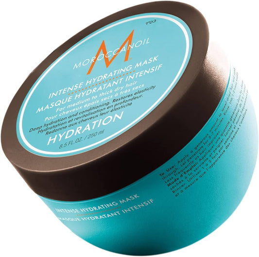 Moroccanoil Intense Hydrating Mask jar with blue and brown design on a white background