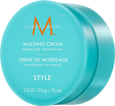 Moroccanoil molding cream container with blue lid and white body.
