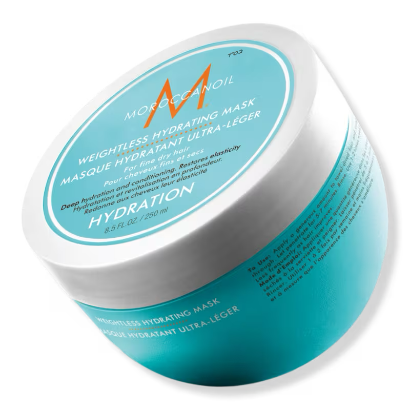 Moroccanoil weightless hydrating mask jar on a white background