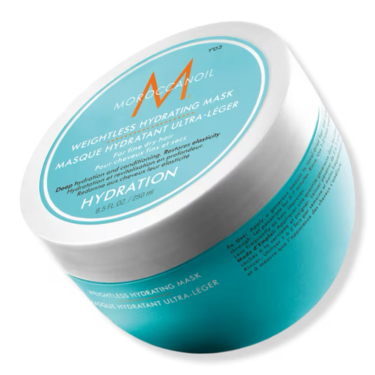 Moroccanoil weightless hydrating mask jar on a white background