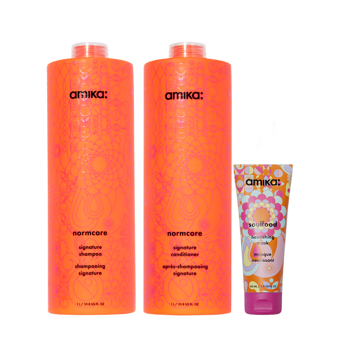 Amika Super-sized Signature Set Normcore Shampoo, Conditioner + Soulfood Mask