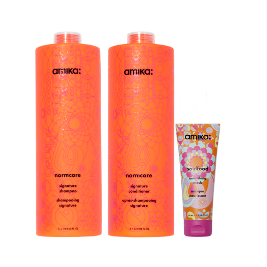 Amika Super-sized Signature Set Normcore Shampoo, Conditioner + Soulfood Mask