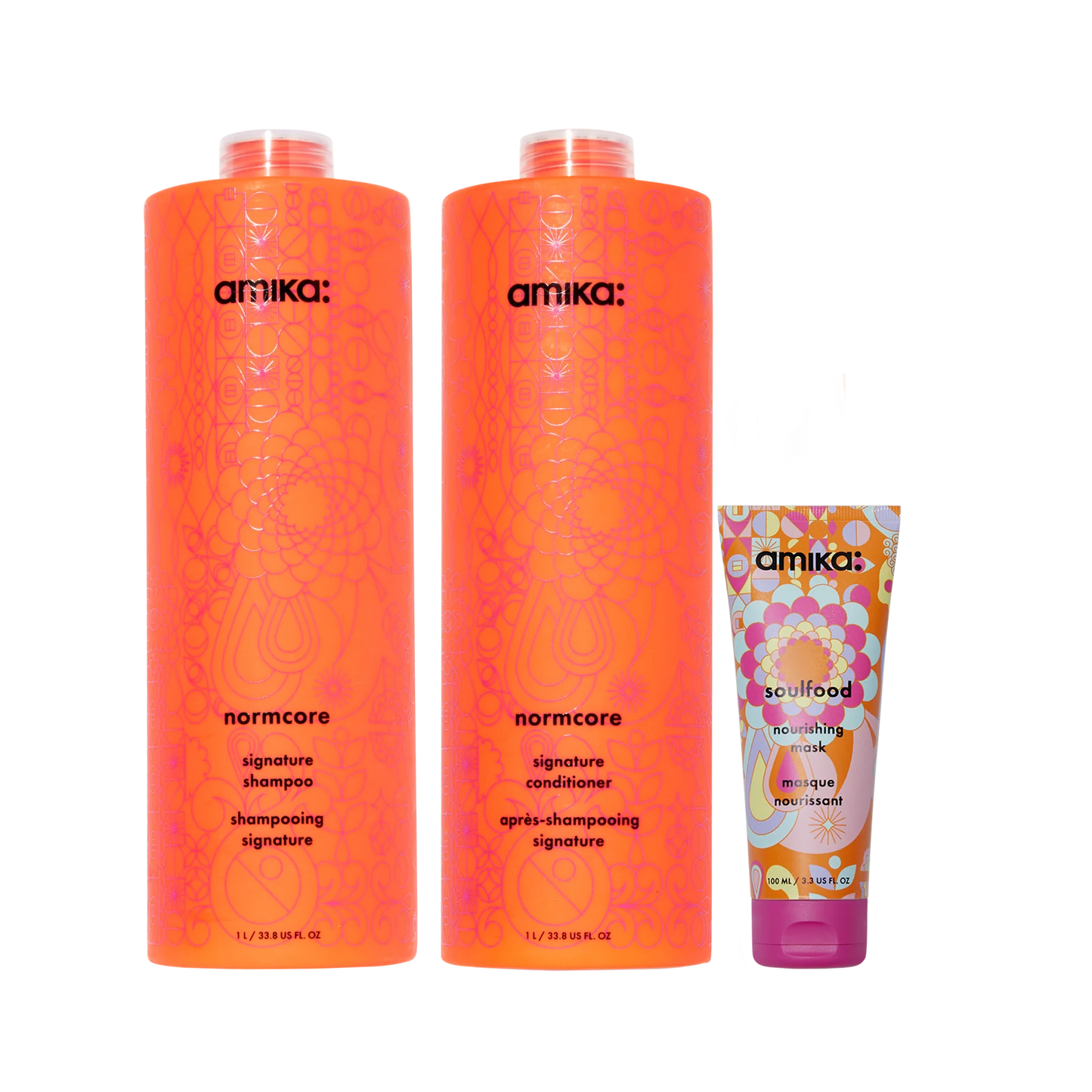 Amika Super-sized Signature Set Normcore Shampoo, Conditioner + Soulfood Mask