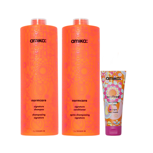 Amika Super-sized Signature Set Normcore Shampoo, Conditioner + Soulfood Mask
