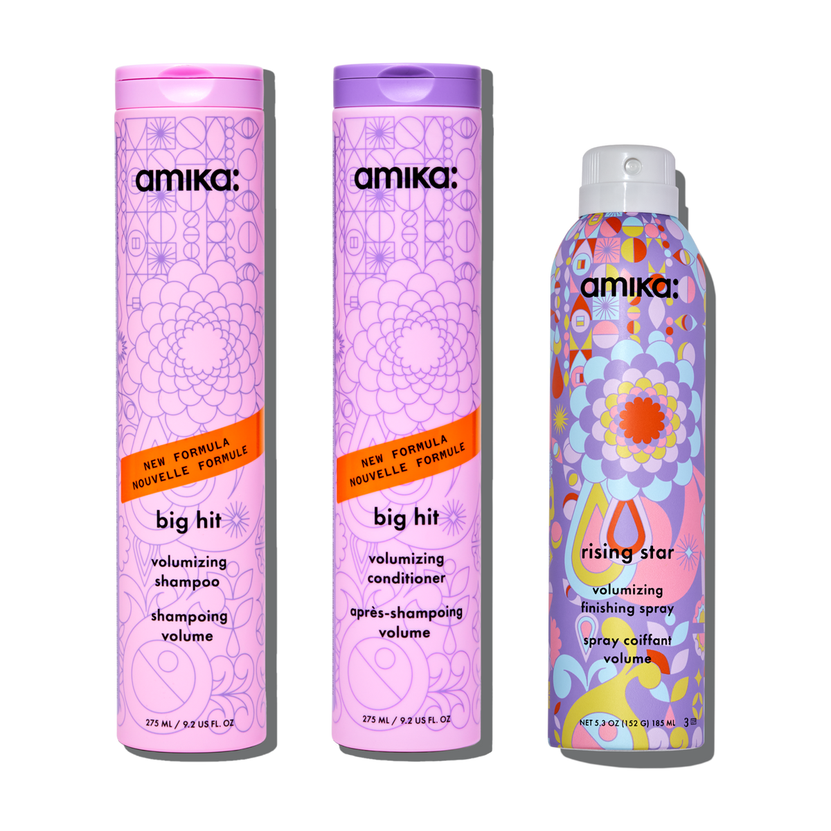 Amika Iconic Volume Wash + Style Set Big Hit Shampoo + Conditioner + Rising Star Spray