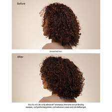 Before and after comparison of styled hair on a beige background. Aveda Be Curly Intensive Detangling Masque 5oz jar, deep-conditioning treatment that detangles, defines curls, reduces frizz, and enhances curl elasticity and shine.