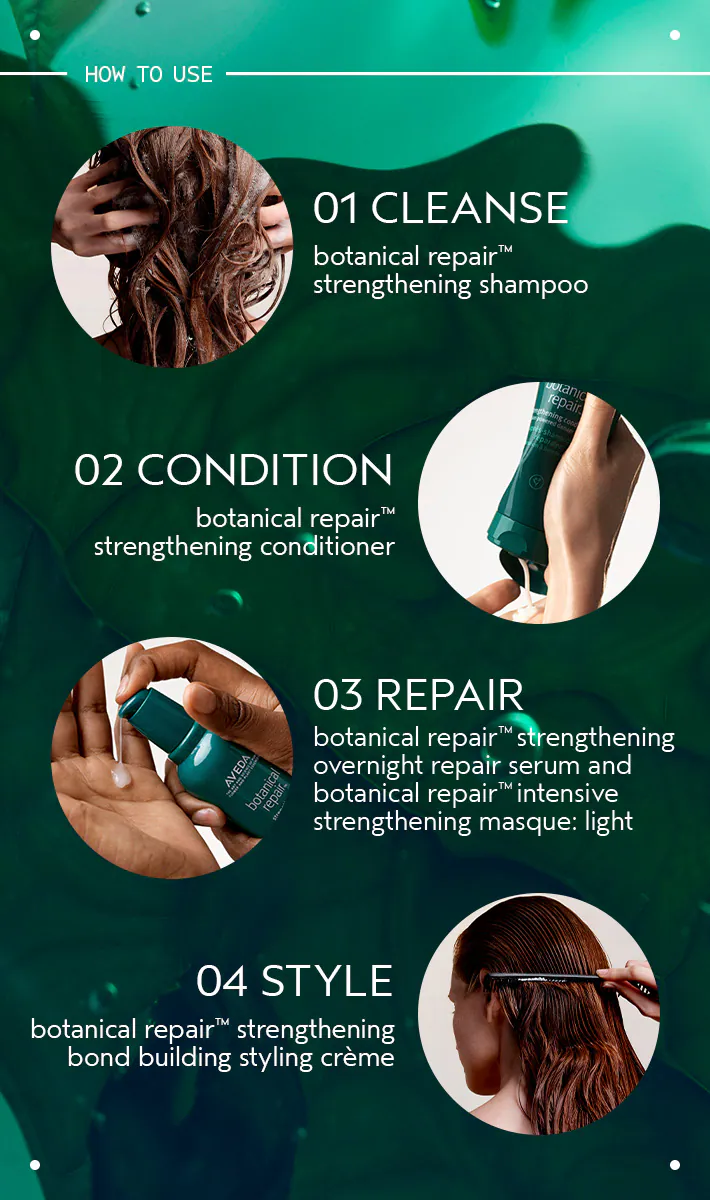 Hair care product usage guide with steps on a green background. Aveda Botanical Repair Bond-Building Styling Creme tube, lightweight styling cream that strengthens hair bonds, smooths frizz, and protects from heat.