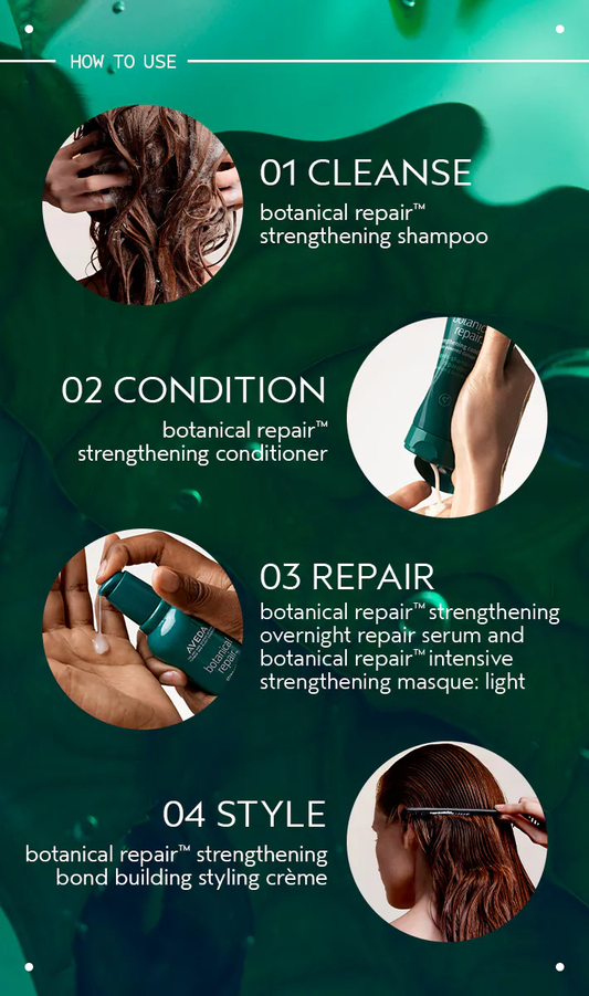 Hair care product usage guide with steps on a green background. Aveda Botanical Repair Bond-Building Styling Creme tube, lightweight styling cream that strengthens hair bonds, smooths frizz, and protects from heat.