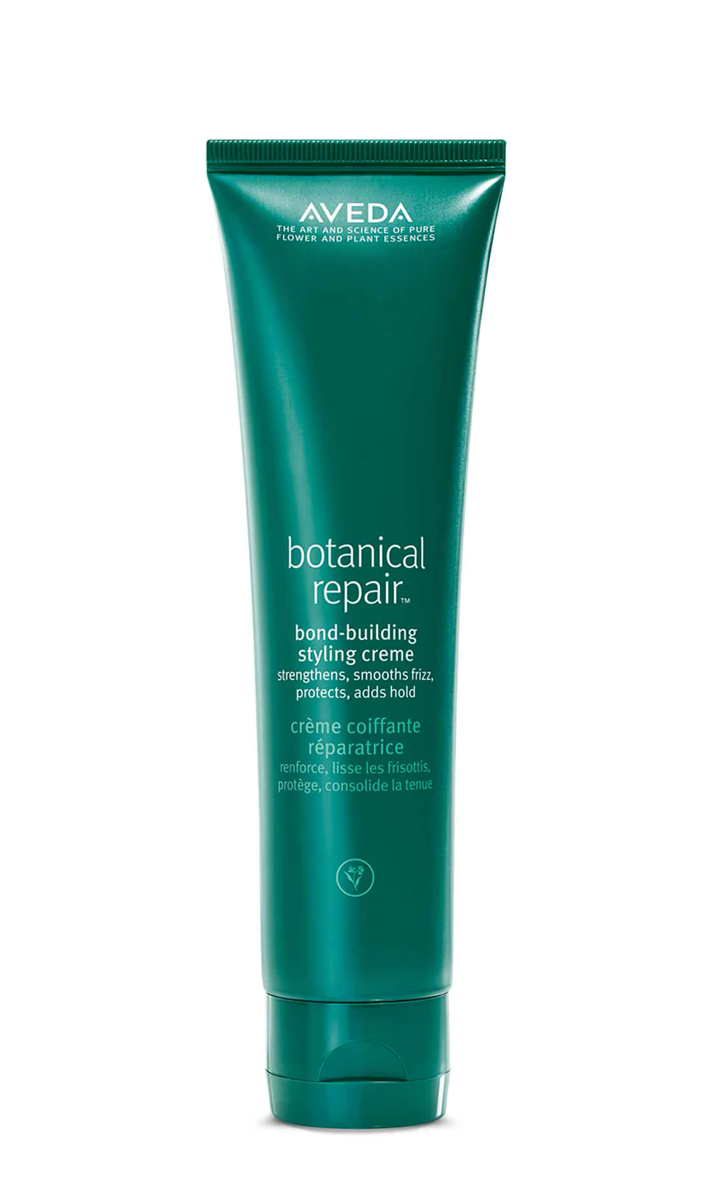 Aveda botanical repair tube on a white background. Aveda Botanical Repair Bond-Building Styling Creme tube, lightweight styling cream that strengthens hair bonds, smooths frizz, and protects from heat.